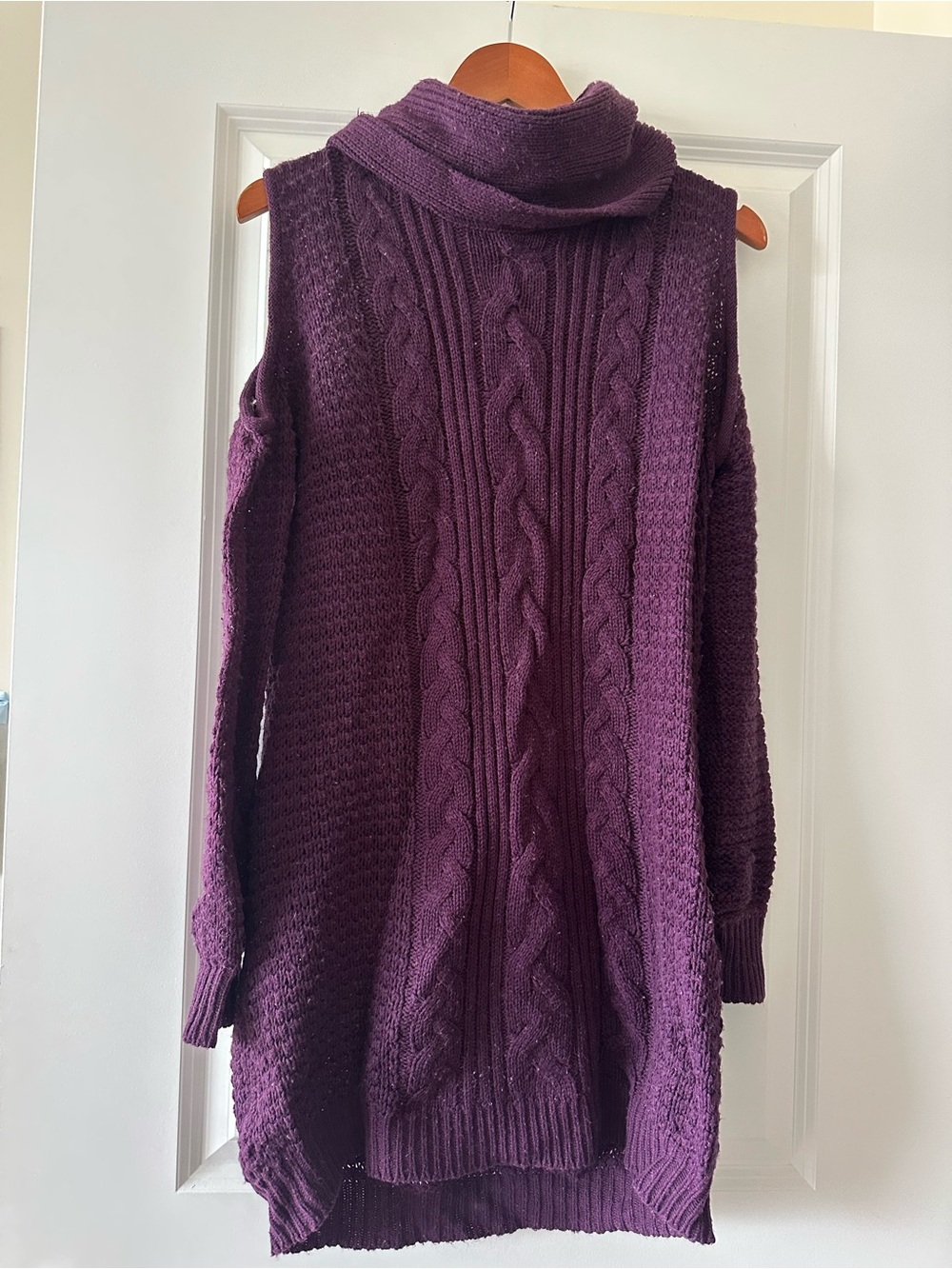Alya Plum Cable-Knit Cold-Shoulder Cowl Sweater Dress